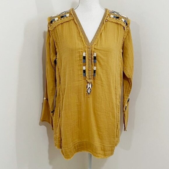 Johnny Was Mars V-Neck Long-Sleeve Embroidered Gold Gauze Top Boho Size XS